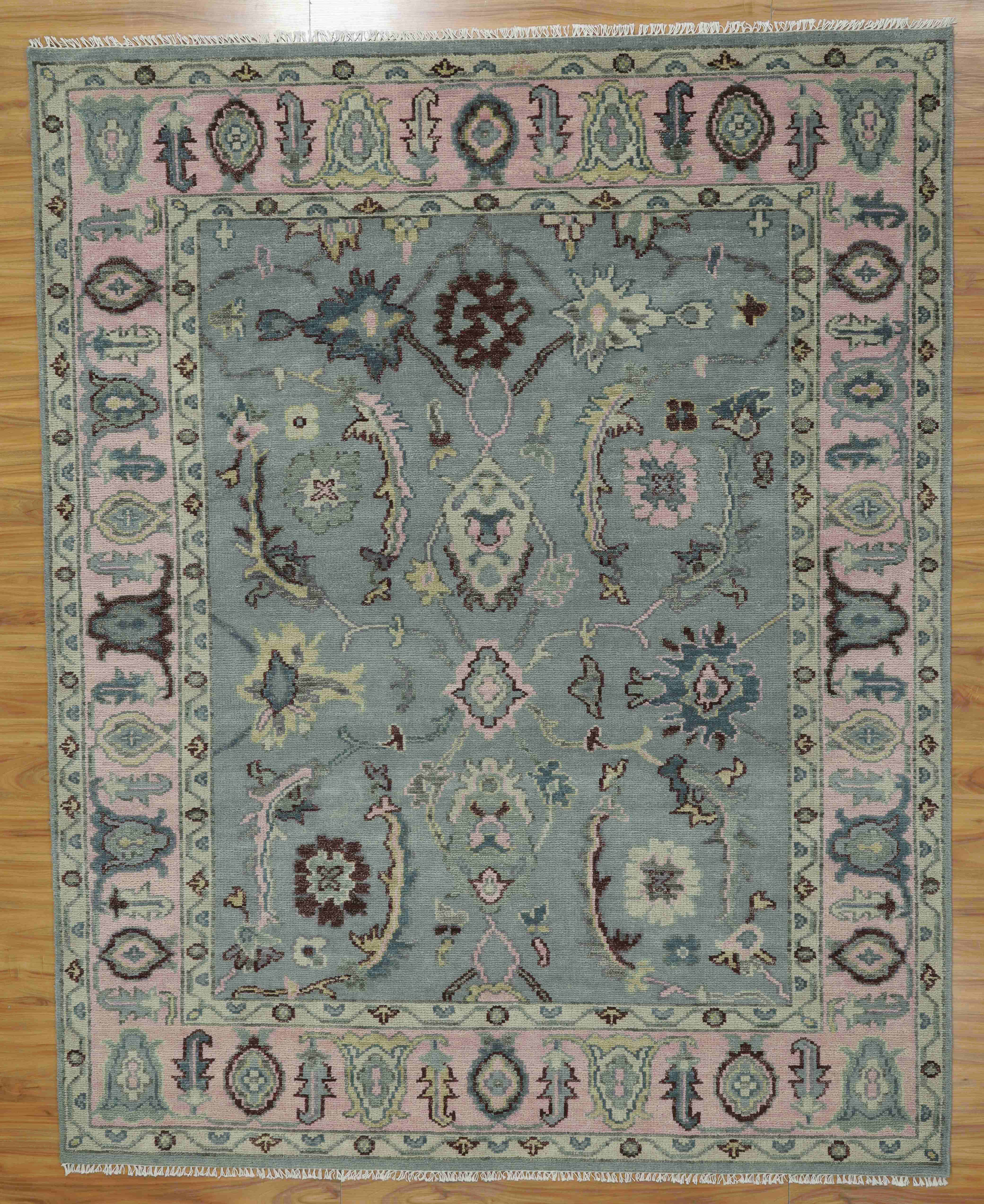 Hand-Knotted Wool Rug: Sage Green & Pink Oushak Floral Design