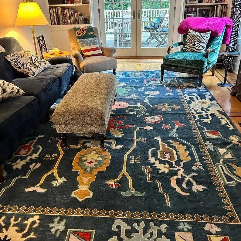 Hand Knotted Wool Tribal Rug, Dark Teal Bohemian Carpet, Folk Art Design